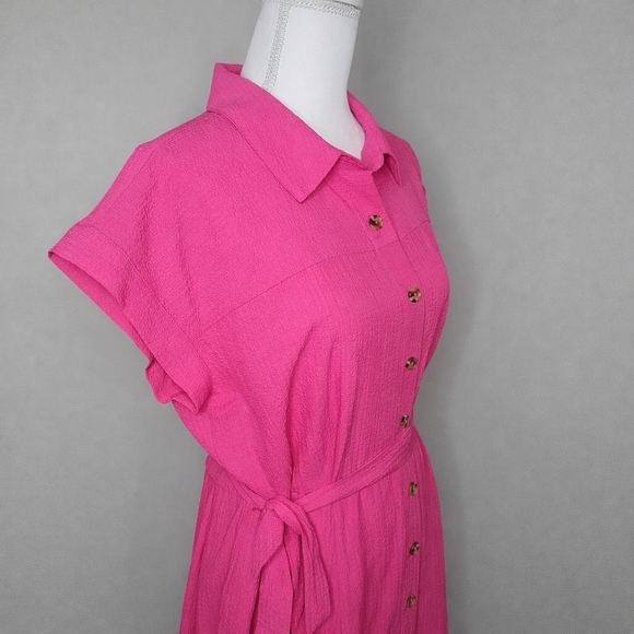 Calvin Klein Hot Pink Button-Front Fit & Flare Gauze Preppy Feminine Shirt Dress - Picture 3 of 11